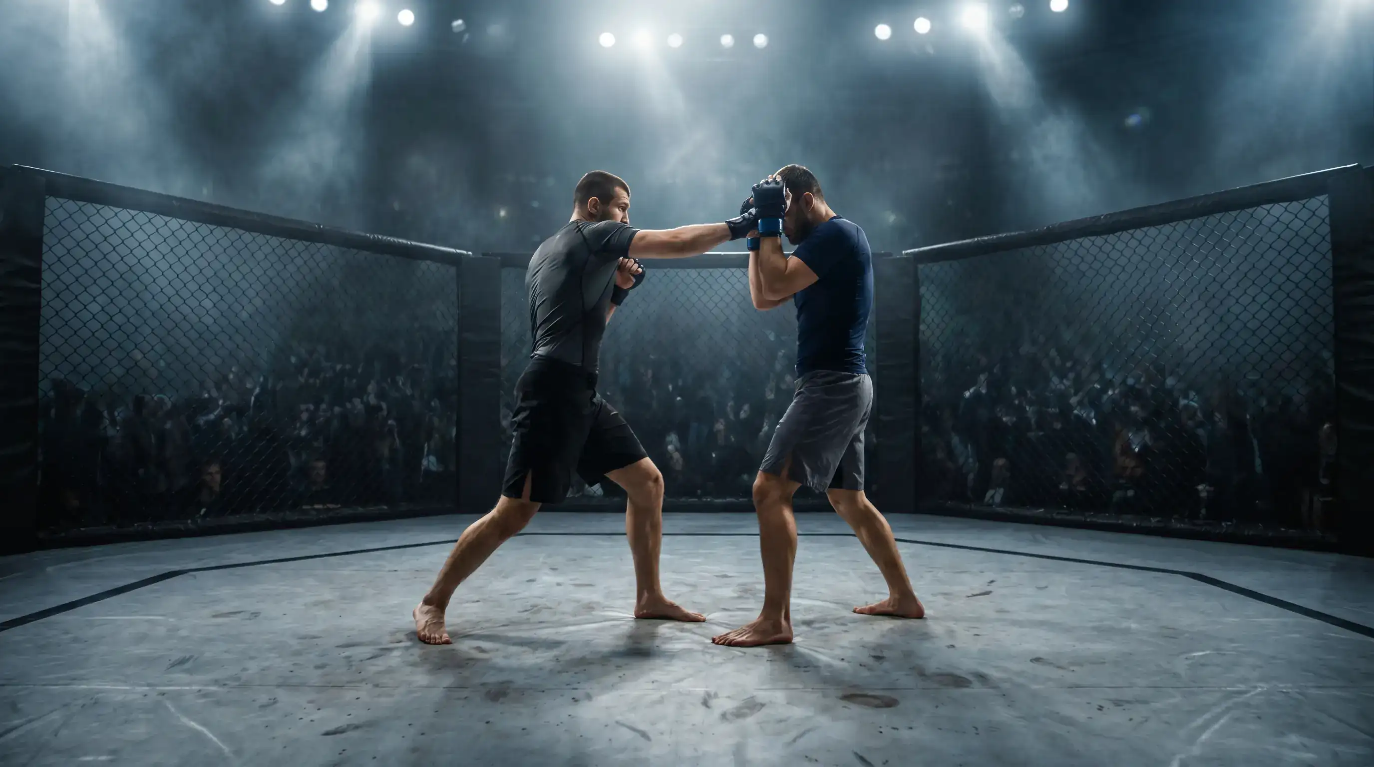 UFC октагон с двама бойци — гледната точка на залагащия